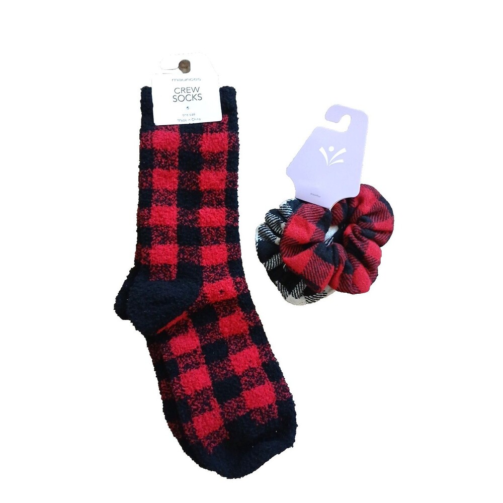 Maurcies Women’s Crew Socks Soft 1 pair & blk/red plaid hair scrunchy 2pk